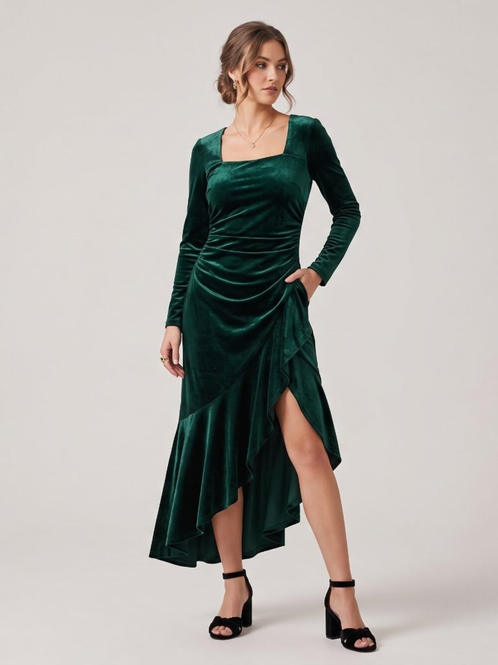 Emerald Green Velvet Ruched Asymmetrical Dress XL Long Sleeve Cocktail Holiday